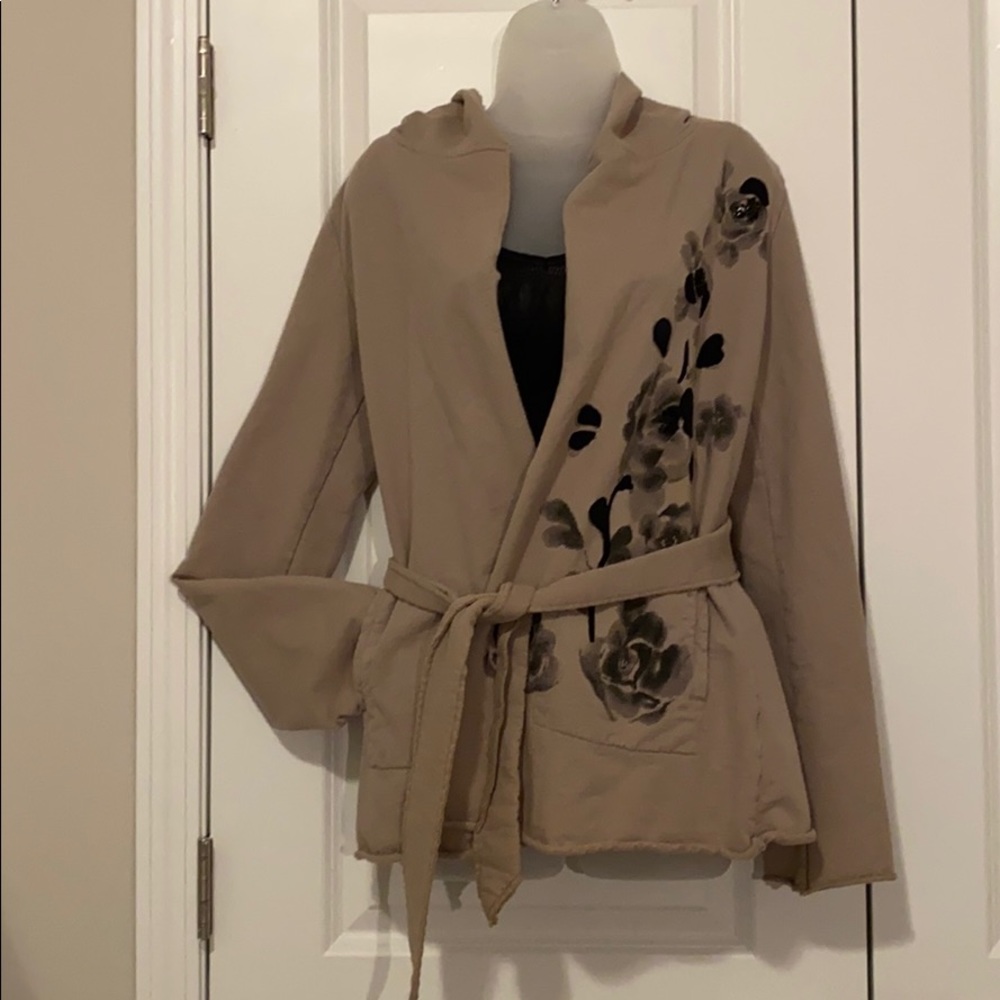 Lucky Brand belted hooded cardigan/jacket in stone
